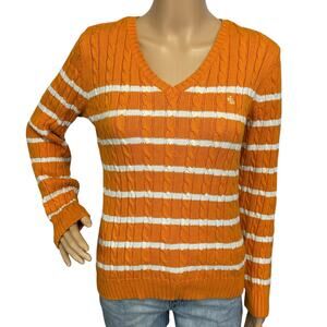 2/$30 Lauren Ralph Lauren Cable Knit V-Neck Sweater Orange Striped Logo Size S